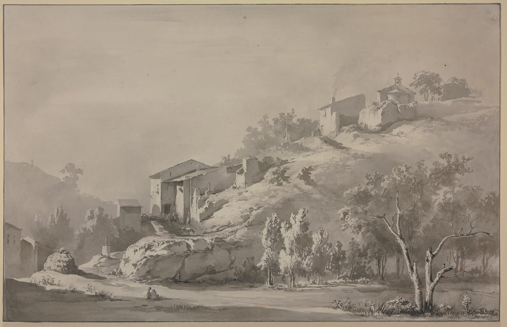 Landschaft mit Häusern an einem Bergabhang, auf welchem eine Kapelle steht, Jean-Jacques de Boissieu