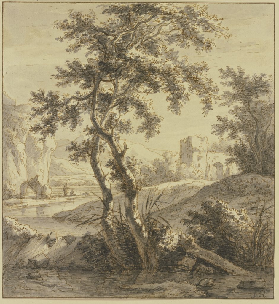 Landschaft, vorne zwei Bäume, rechts eine Ruine, links ein Wasser und Felsen, Jan Both