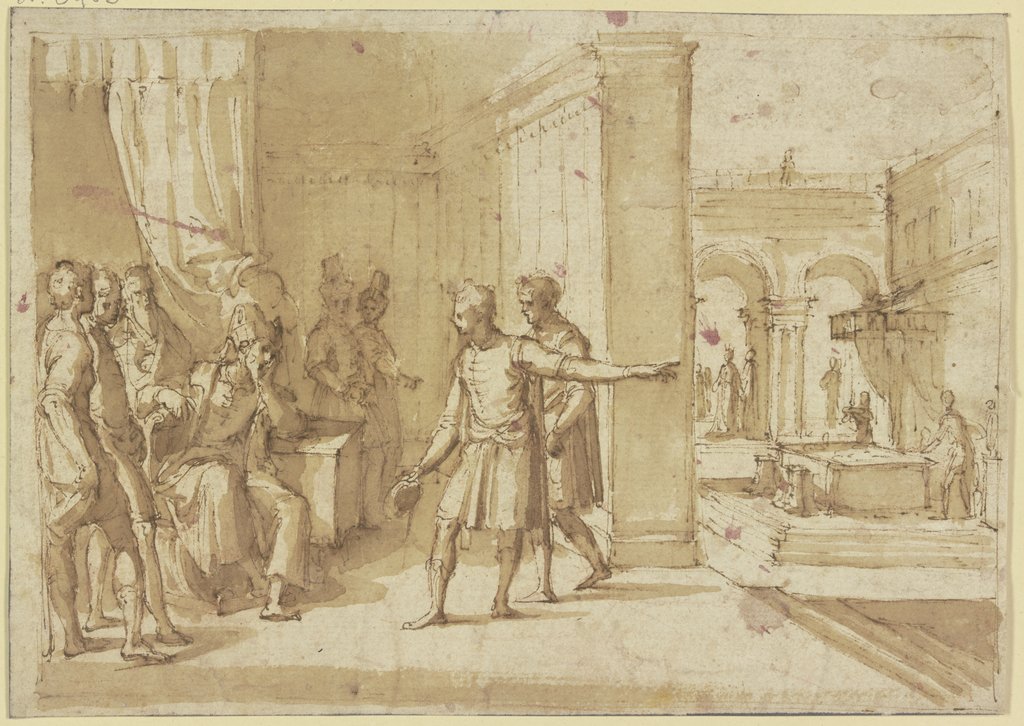 Ein Fürst sitzt in seinem Gemach umgeben von Dienern, im Hofe ist ein Tisch unter einem Baldachin errichtet, auf welchen ein vor dem Fürsten sitzender Diener deutet, Alessandro Allori;   ?