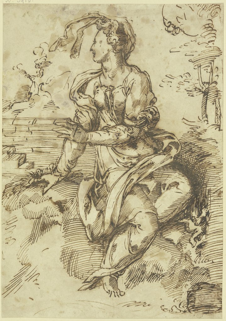 Sitzende Frau mit fliegendem Schleier in einer Landschaft nach links gewandt, Baccio Bandinelli