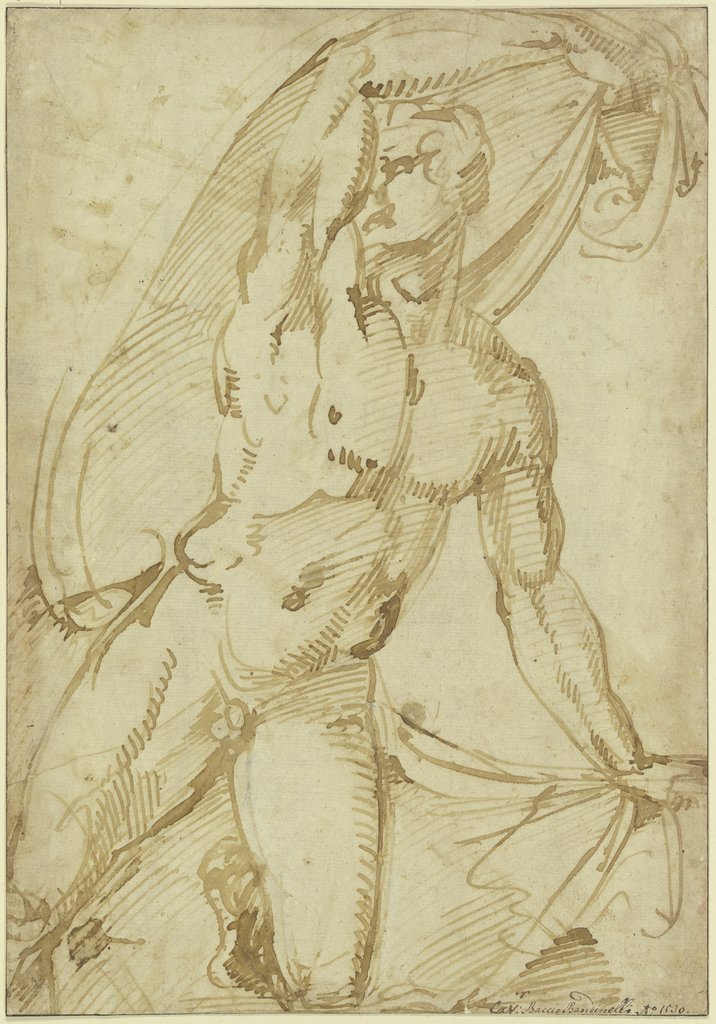Kniender männlicher Akt, ein Gewand über dem Kopf haltend, nach rechts gewandt, Baccio Bandinelli
