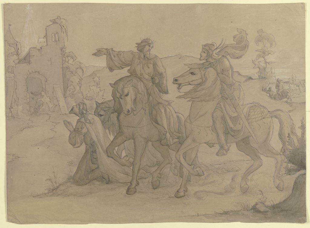 Ein berittener König weist einem Krieger zu Pferde den Weg zu einer Ruine, über der ein Stern strahlt, Victor Müller