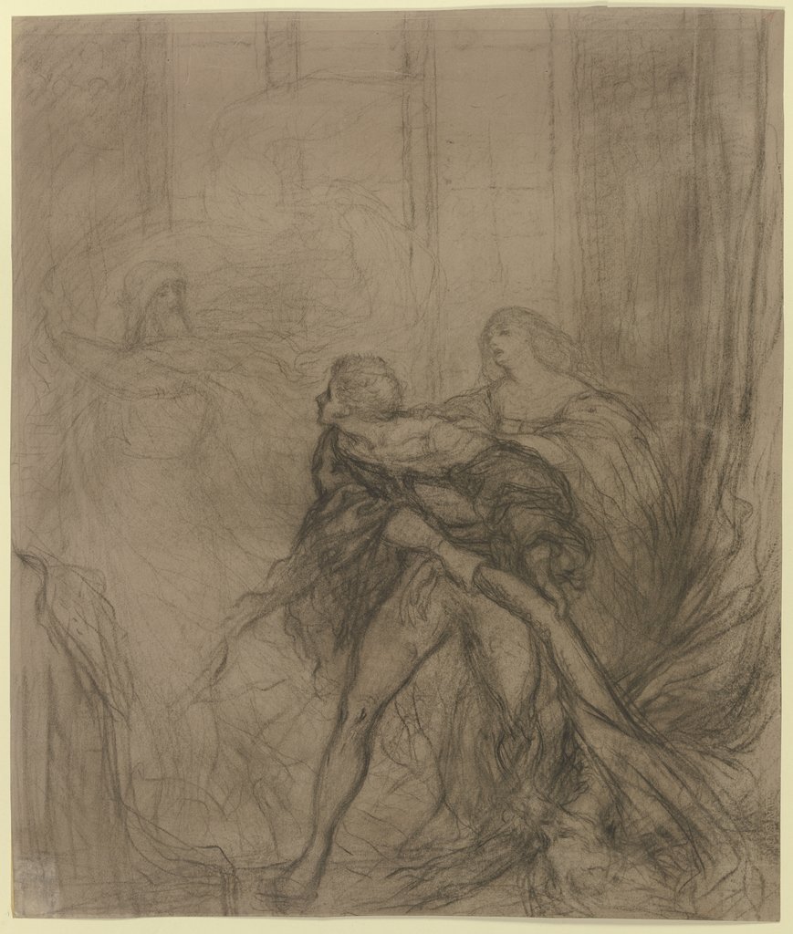 Hamlet mit seiner Mutter Gertrude und dem hinter einem Vorhang getöteten Polonius, im Hintergrund der Geist des Vaters, seine Forderung nach Rache erneuernd, Victor Müller