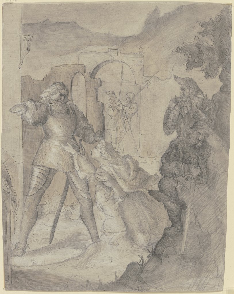 Eine Frau mit einem Kinde kniet flehend vor einem Ritter, daneben andere Ritter und eine Burg, Victor Müller