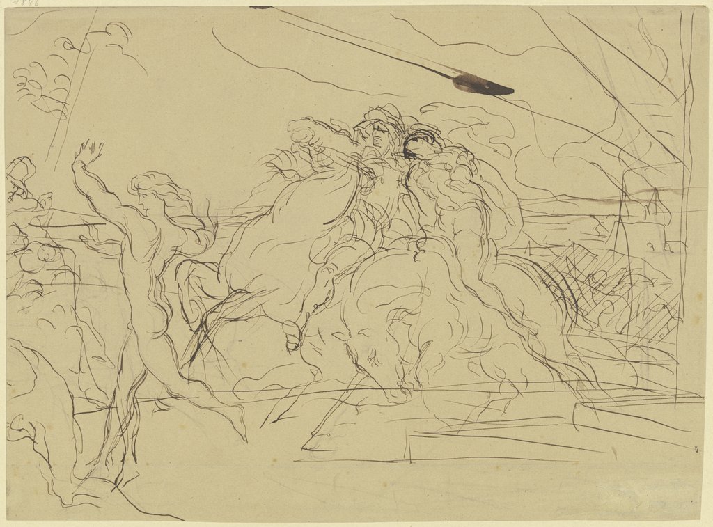 Nackter Jüngling, vor zwei Reitern mit erhobenen Armen einherlaufend, Victor Müller
