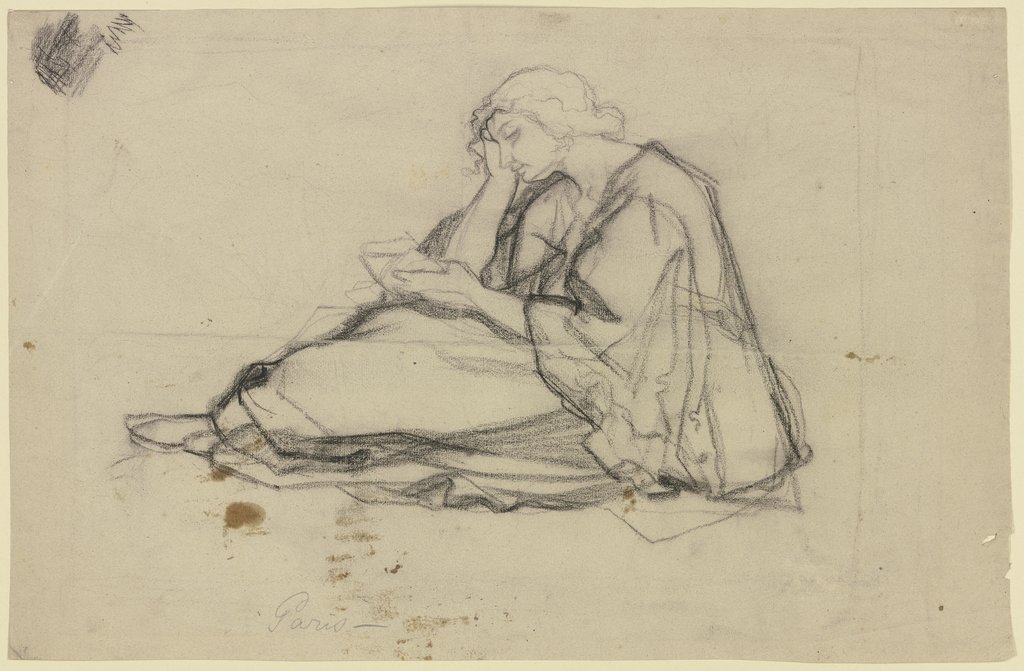 Junges Mädchen mit einem Buch am Boden sitzend, den Kopf in die Rechte gestützt, Victor Müller