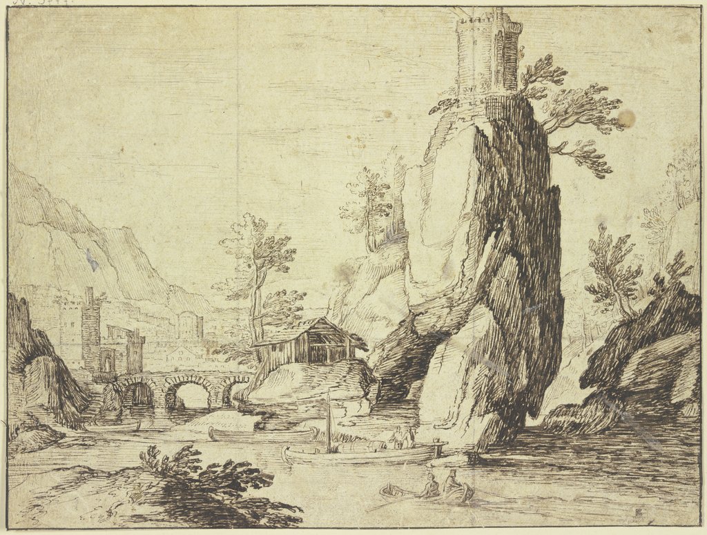 Flußlandschaft mit einem Turm auf einem Felsen und einer Stadtansicht in der Ferne, Unbekannt;   ?, Jacques de Gheyn II;   ?