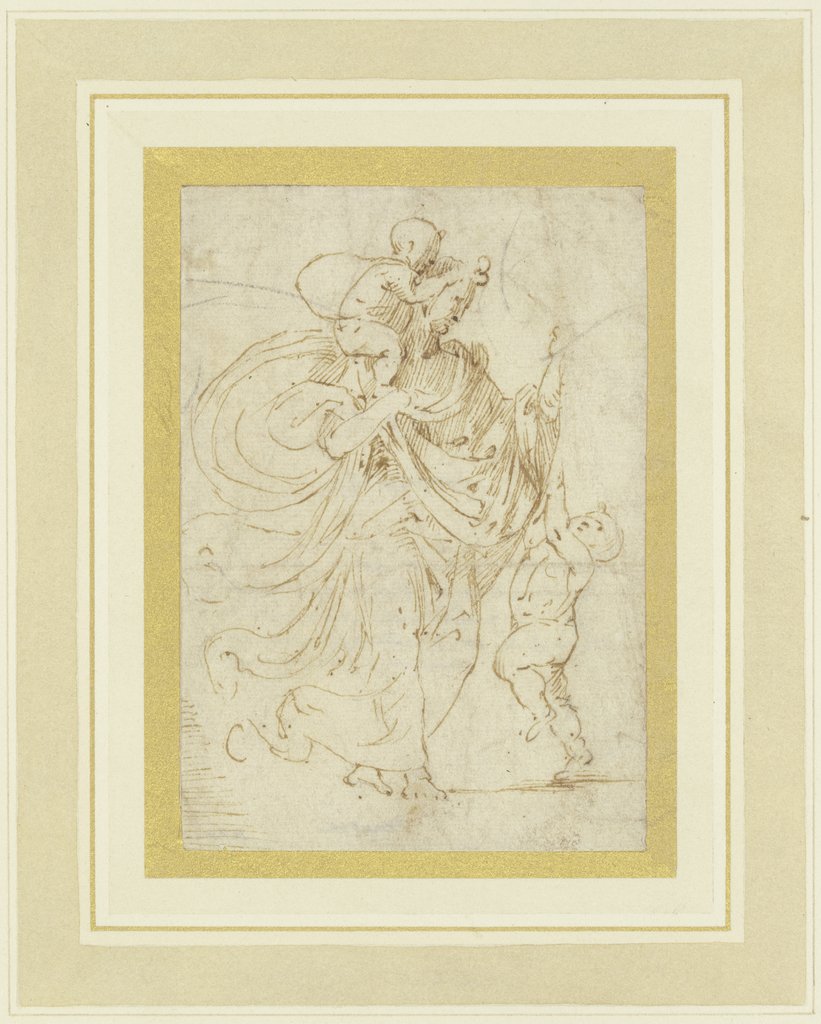 Weibliche Figur (Caritas?, Allegorie der Fruchtbarkeit?, Allegorie der Pietà?) mit einem nacktem Kind auf der Schulter, während ein anderes spielend zu ihr aufspringt, Fra Bartolommeo
