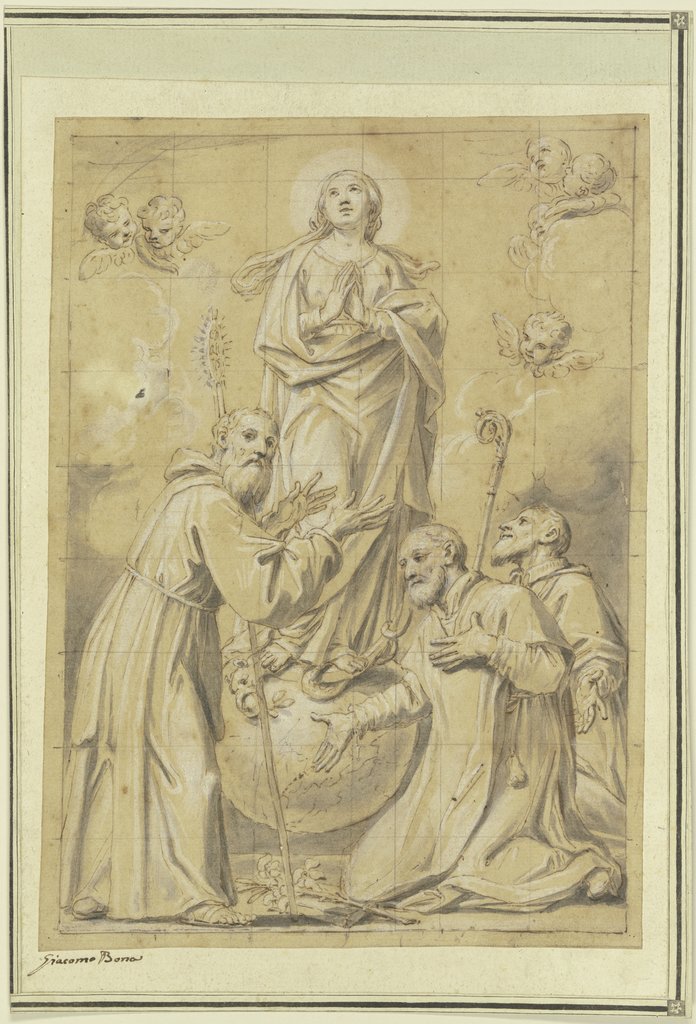 Maria Immakulata über der Schlange auf der Mondsichel und der Weltkugel stehend, von drei Jesuitenheiligen verehrt, Tommaso Bona