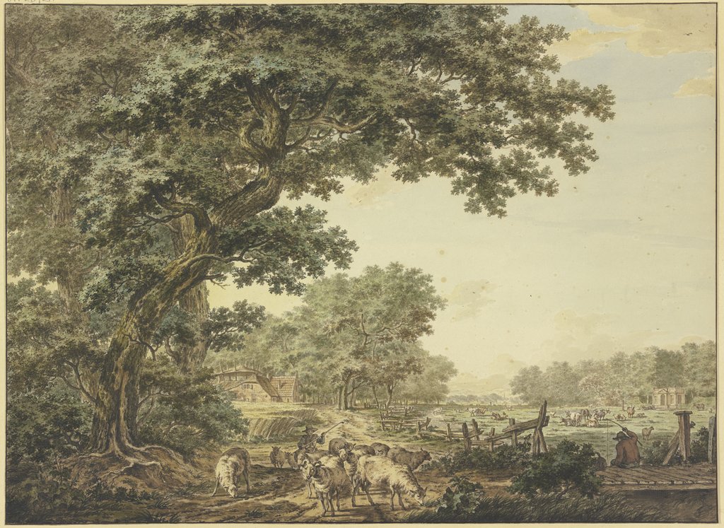 Wiesengrund zwischen dem Wald mit vielem Vieh, vorne ein Schäfer mit seiner Herde, auf einer Brücke rechts ein Angler, Jacob Cats