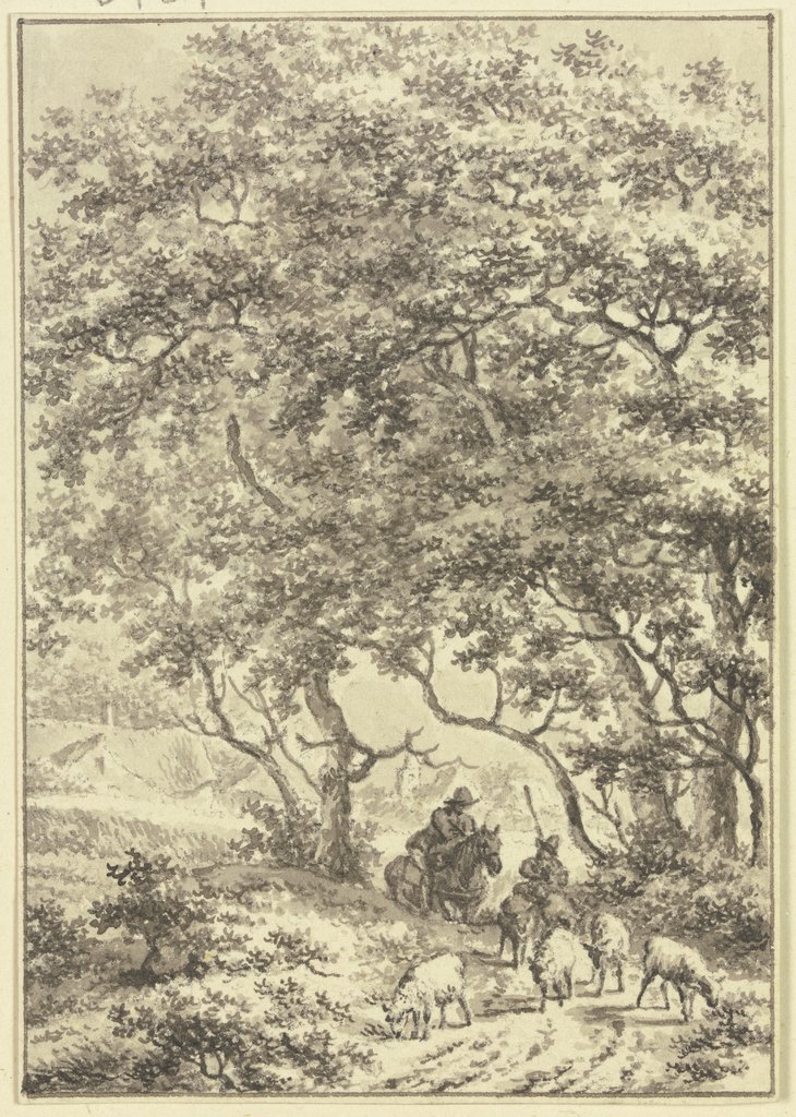 Unter hohen Bäumen ein Reiter und ein Schafhirte, Jacob Cats