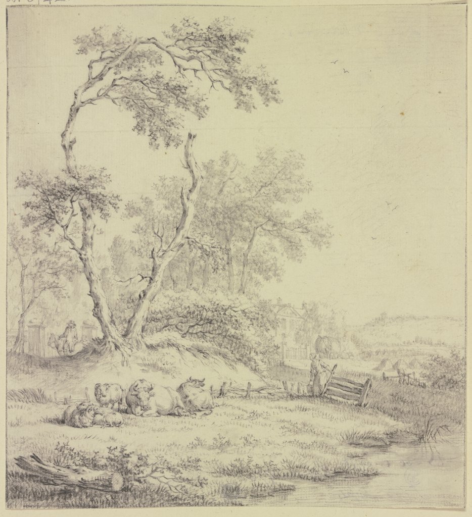 Bei einer Baumgruppe an einem Zaun liegendes Vieh, rechts eine Frau mit einem Eimer, Jacob Cats