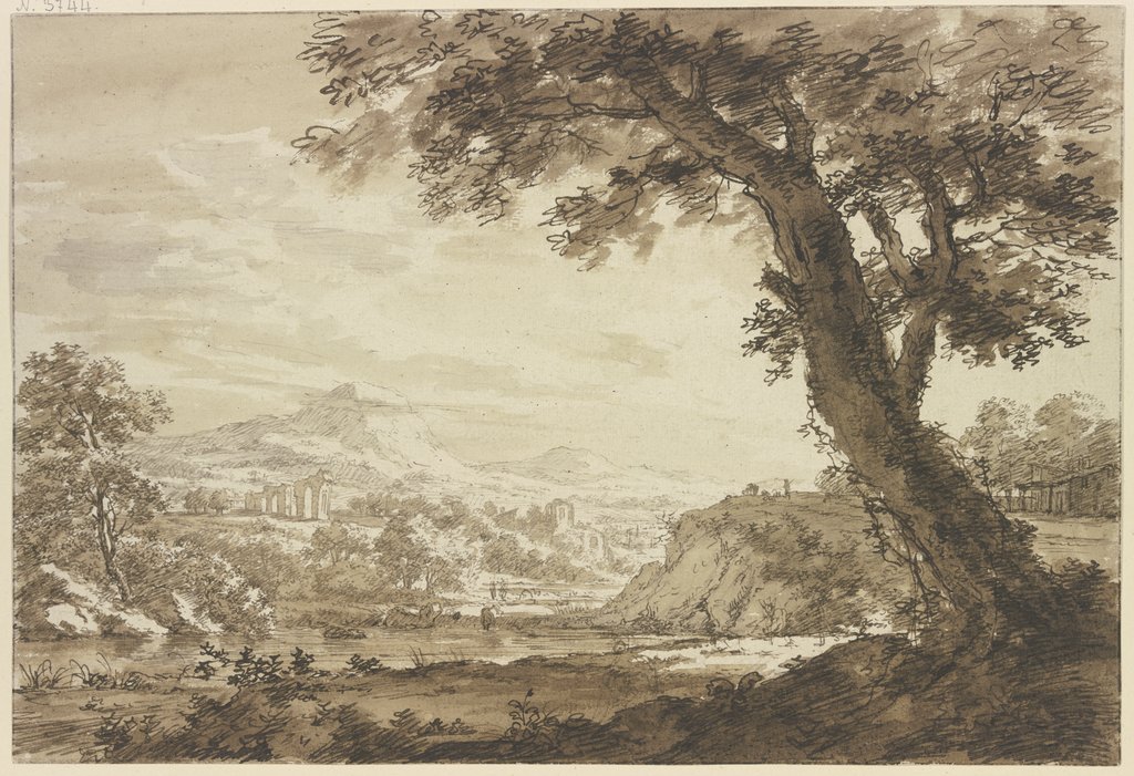 Italienische Landschaft mit Ruinen, rechts bei einem Wasser ein großer Baum, Jacob Cats