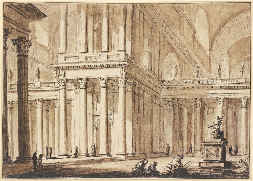 Grandiose Säulenhalle, rechts eine Statue vor welcher mehrere Menschen knien, Charles-Michel-Ange Challe