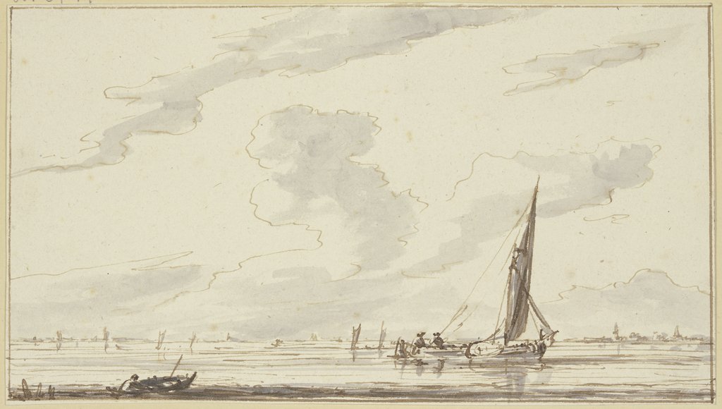 Marina, nach rechts segelnde Barke, links ein Boot, Jan van de Cappelle;   ?