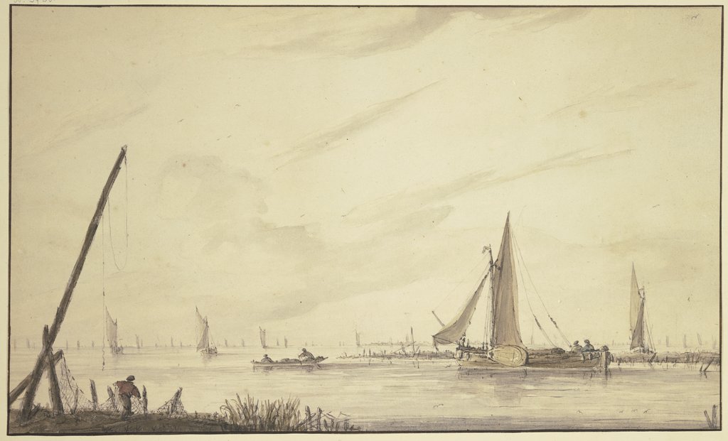 Marine mit vielen Schiffen, links bei einer langen Signalstange ein Fischer mit Netzen, Jan van de Cappelle