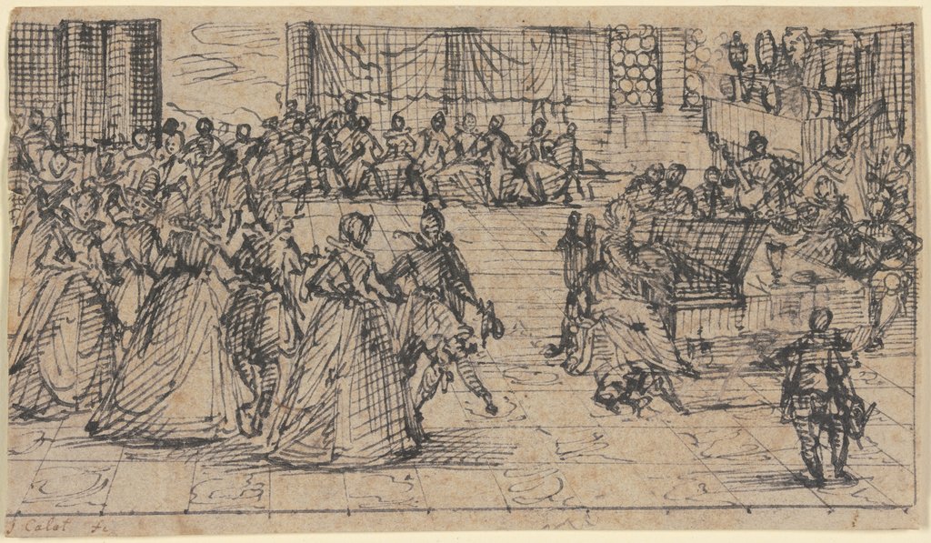 Kavaliere und Damen beim Tanze, eine Dame spielt Klavier und wird von einem Orchester begleitet, Jacques Callot
