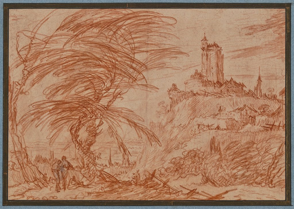 Landschaft, rechts auf einem Hügel ein großer Turm, links eine Baumpartie und einige Figuren, Jacques Callot
