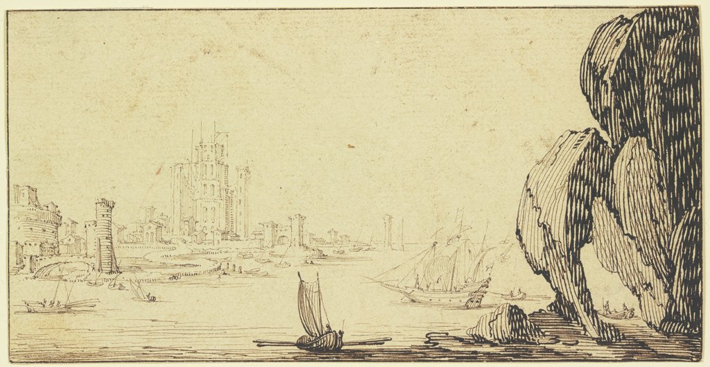 Seehafen mit Schiffen, rechts ein großer Felsen, Jacques Callot