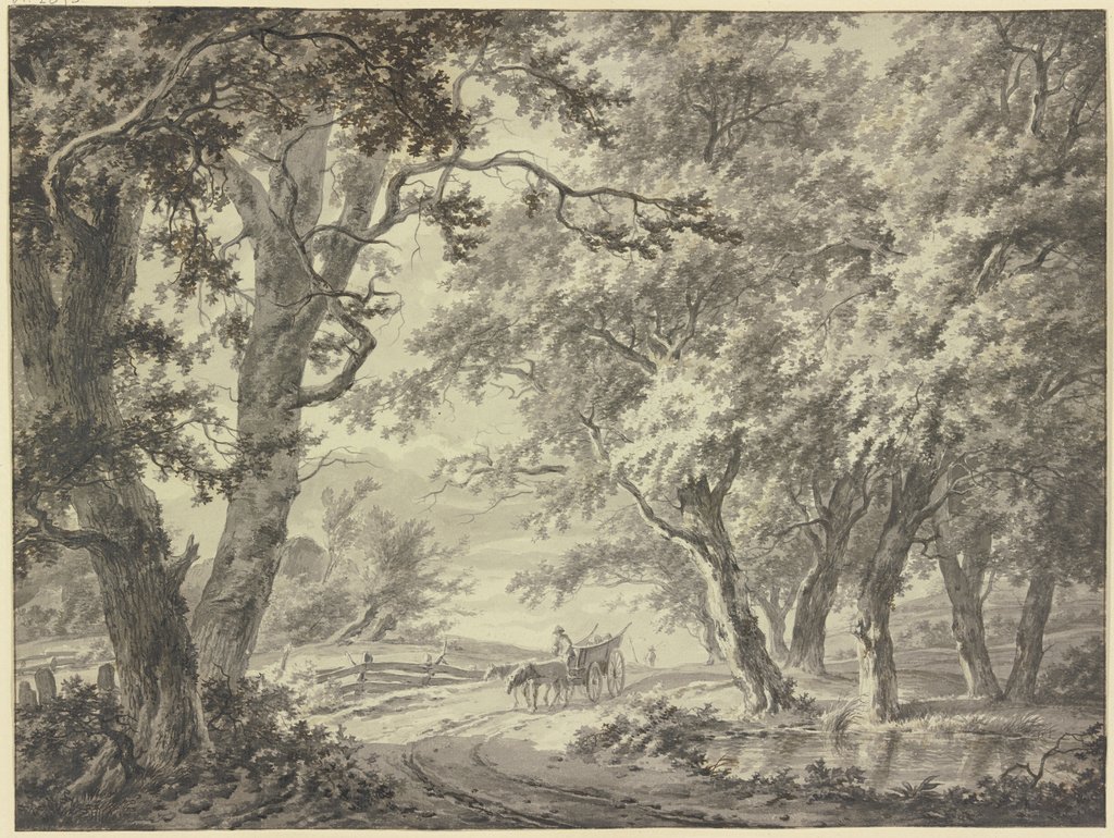 Weg in den Wald, am Weg ein Gatterzaun und ein Bauernwagen mit zwei Pferden, Hermanus van Brussel