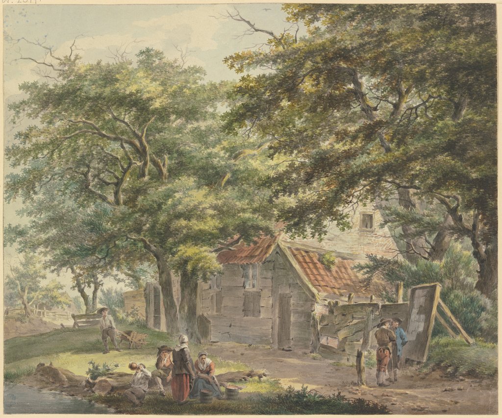 Bauernhof unter Bäumen, links ein Mann mit einem Schubkarren, Hermanus van Brussel