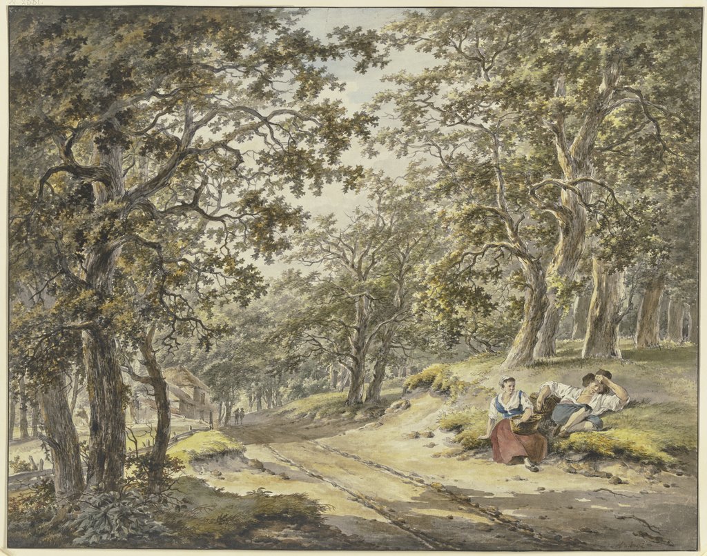 Weg durch den Wald an einem Gehöft vorbei, vorn ein ruhender Bauer und Bäuerin mit ihren Körben, Hermanus van Brussel