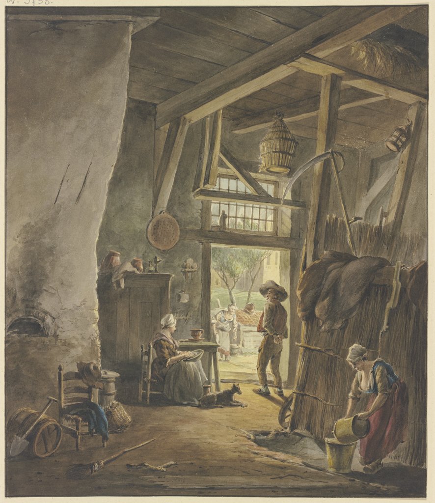 Im Inneren eines Bauernhauses, an der Tür sitzt die Frau, mit dem hinausgehenden Mann sprechend, rechts die Magd mit zwei Wassergefäßen, Hermanus van Brussel
