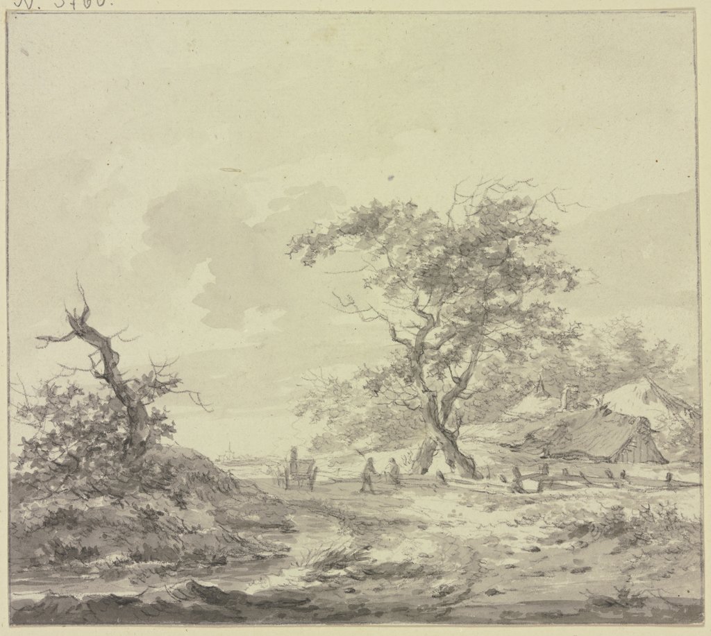 Hütten bei zwei großen Bäumen, auf dem Weg ein Wagen und zwei Männer am Zaun, Hermanus van Brussel