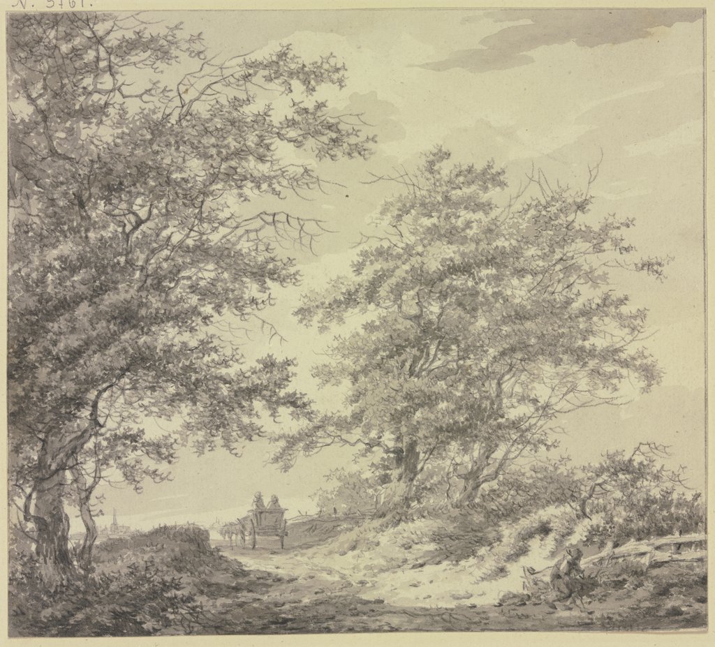 Weg zwischen zwei Baumgruppen mit einem Wagen, rechts am Zaun ein sitzender Mann, Hermanus van Brussel