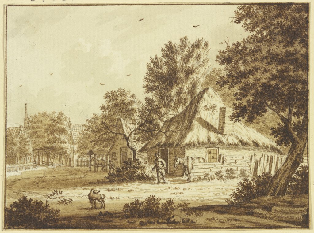 Bauerndorf, ein Mann führt ein Pferd aus seinem Hof, vorne ein Hund, Theodor de Bruyn