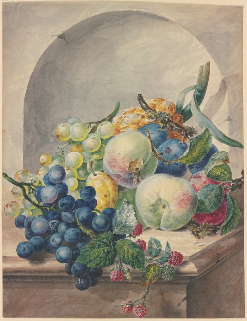 Fruchtstück in einer Nische auf einem Marmortische, Pflaumen, Pfirsiche, Trauben und Brombeeren, Paul Theodor van Brussel