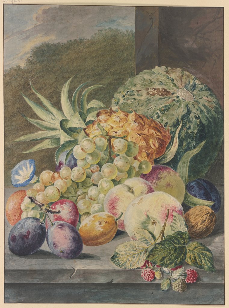 Fruchtstück, Melone, Ananas, Trauben, Pfirsiche, Pflaumen, Nüsse, Paul Theodor van Brussel