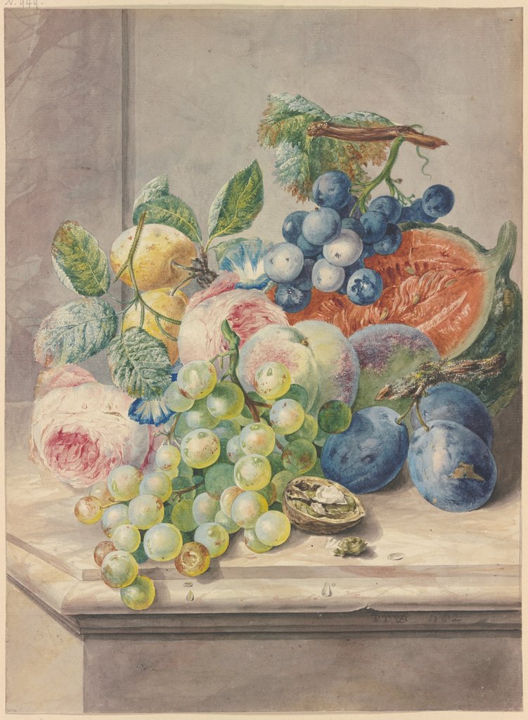 Fruchtstück mit einer aufgeschnittenen Melone und zwei Rosen, Trauben, Pfirsichen, Pflaumen und einer Walnuss, Paul Theodor van Brussel