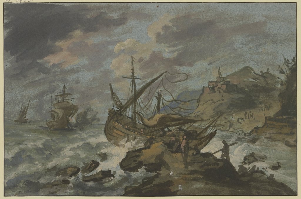 Seesturm an felsiger Küste, vorne ein gestrandetes Schiff, Adriaen van der Cabel