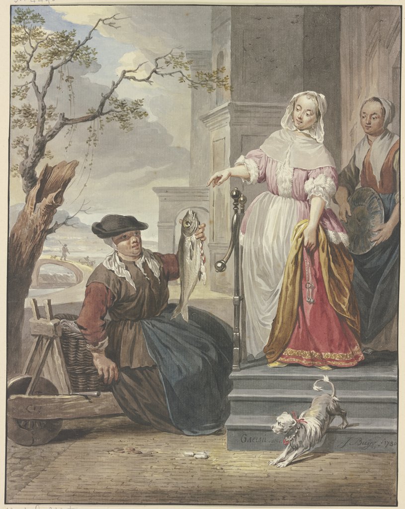 Eine Dame steht mit ihrer Magd vor ihrem Haus und handelt mit einer Fischverkäuferin, Jacobus Buys, after Gabriel Metsu