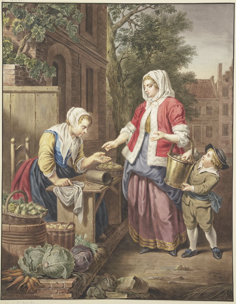 Eine Dame mit einem Knaben kauft Äpfel ein, Jacobus Buys, nach Gabriel Metsu