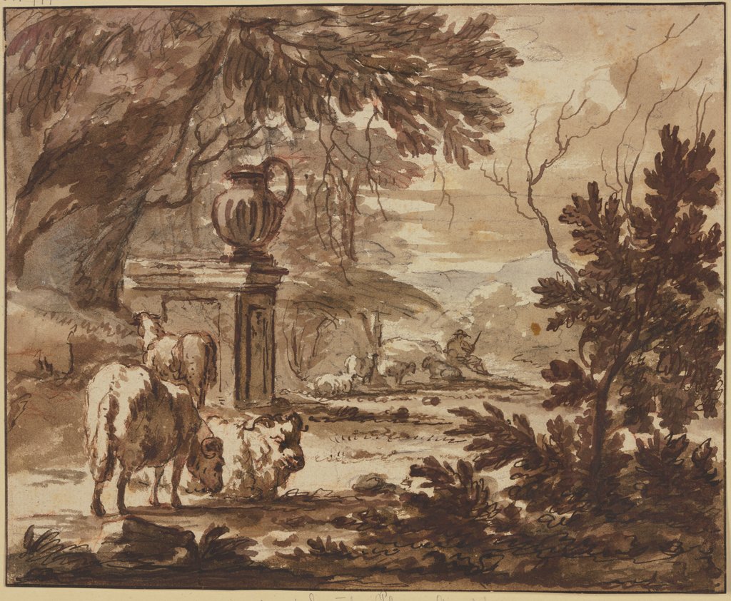 Bei einem Monument mit einer großen Vase ein Hirte mit Schafen, Jacob van der Does d. Ä.