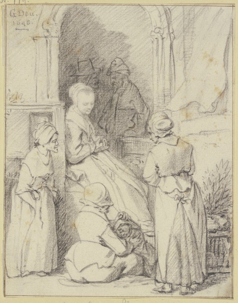 Eine Frau sitzt mit einem Kinde auf der Erde unter dem Portal eines Hauses, dabei drei Frauen und zwei Männer, Gerrit Dou;   ?