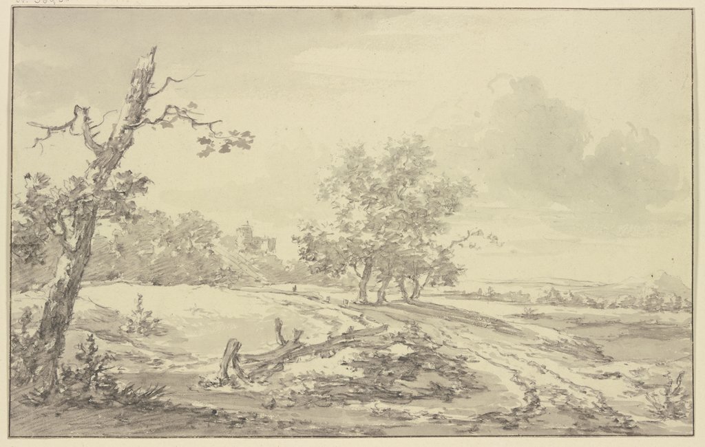 Eine Gegend mit Gebüsch, in der Mitte ein Weg, der an einer Baumpartie vorbei nach einer Burg sich zieht, Egbert van Drielst