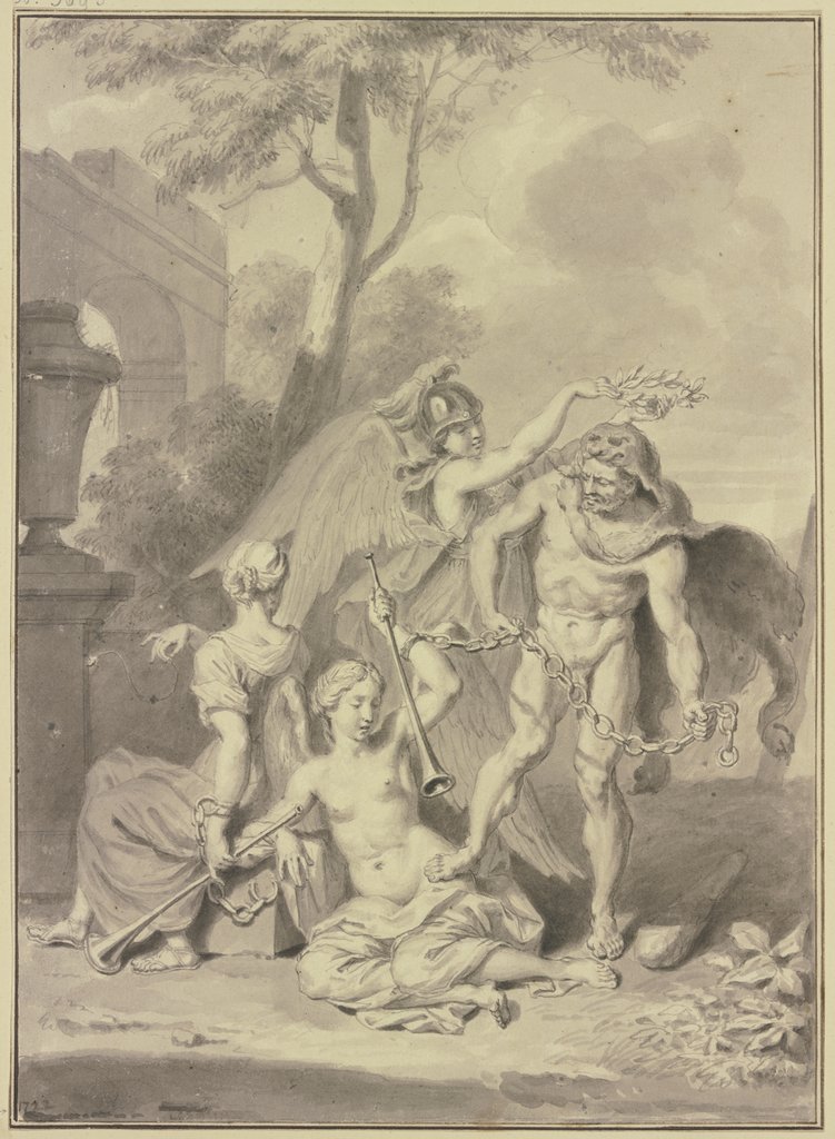 Herkules von Minerva gekrönt hält zwei gefesselte Mädchen mit Posaunen, Louis Fabricius Dubourg