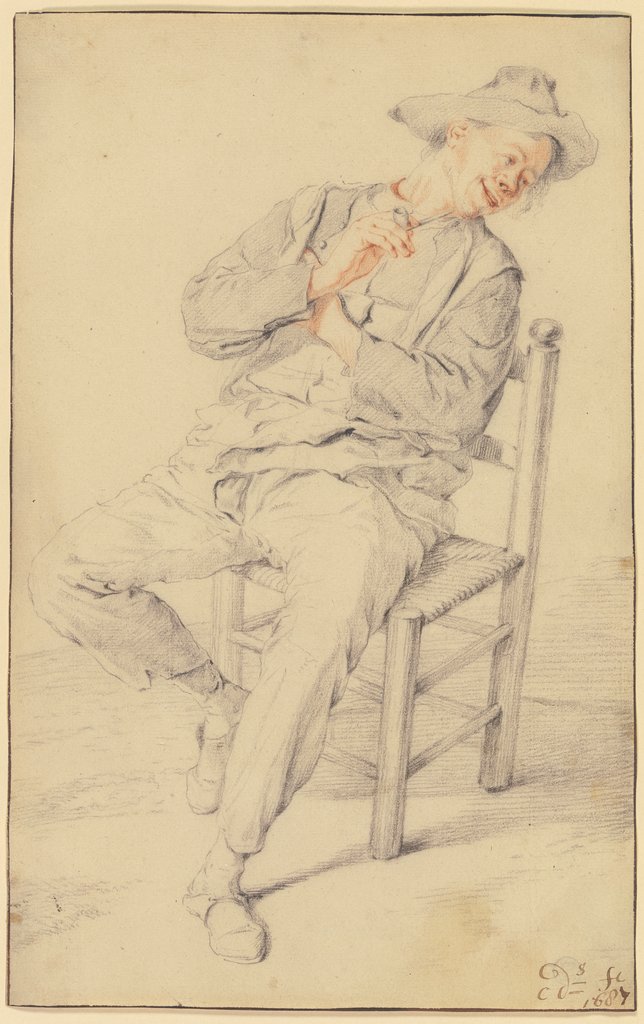Rauchender Bauer auf einem Stuhl, nach rechts gewandt, Cornelis Dusart