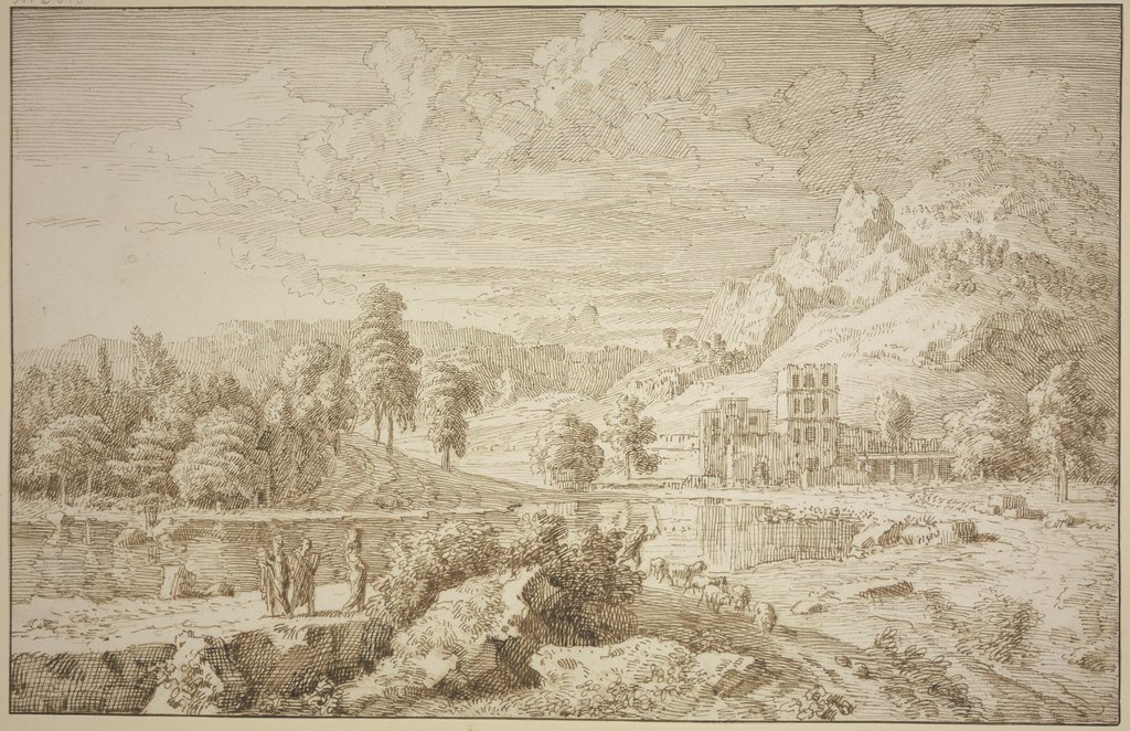 Italienische Landschaft mit Gebäude, auf dem Weg ein Hirte mit Schafen, links drei Figuren, Johannes Glauber