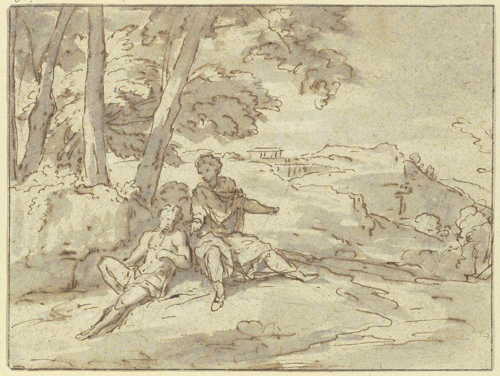 In einer Landschaft sitzen unter einer Baumgruppe zwei antike Figuren, Abraham Genoels d. J.