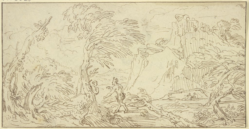 Ein Satyr geht auf ein Weib los, das hinter einem Baum steht, Abraham Genoels the Younger