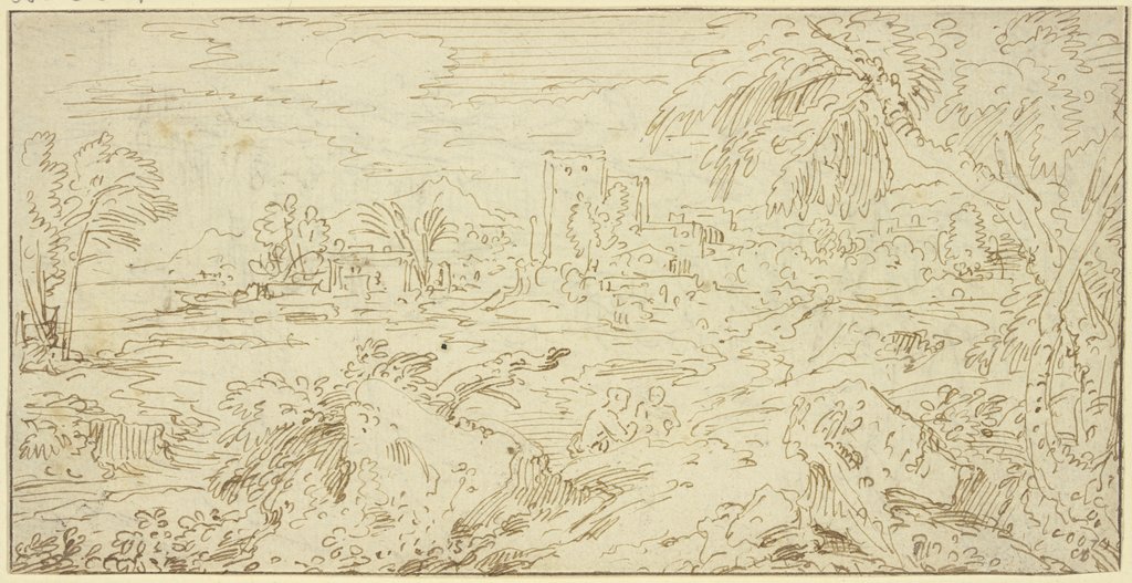 Landschaft mit Gebäuden, im Vordergrund Felsstücke und zwei nur halb sichtbare Figuren, Abraham Genoels the Younger