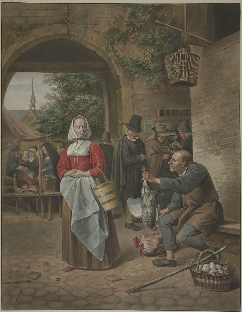 Holländischer Markt, ein Bauer bietet einer Frau ein Huhn zum Kauf an, Aletta de Freij, nach Jan Steen