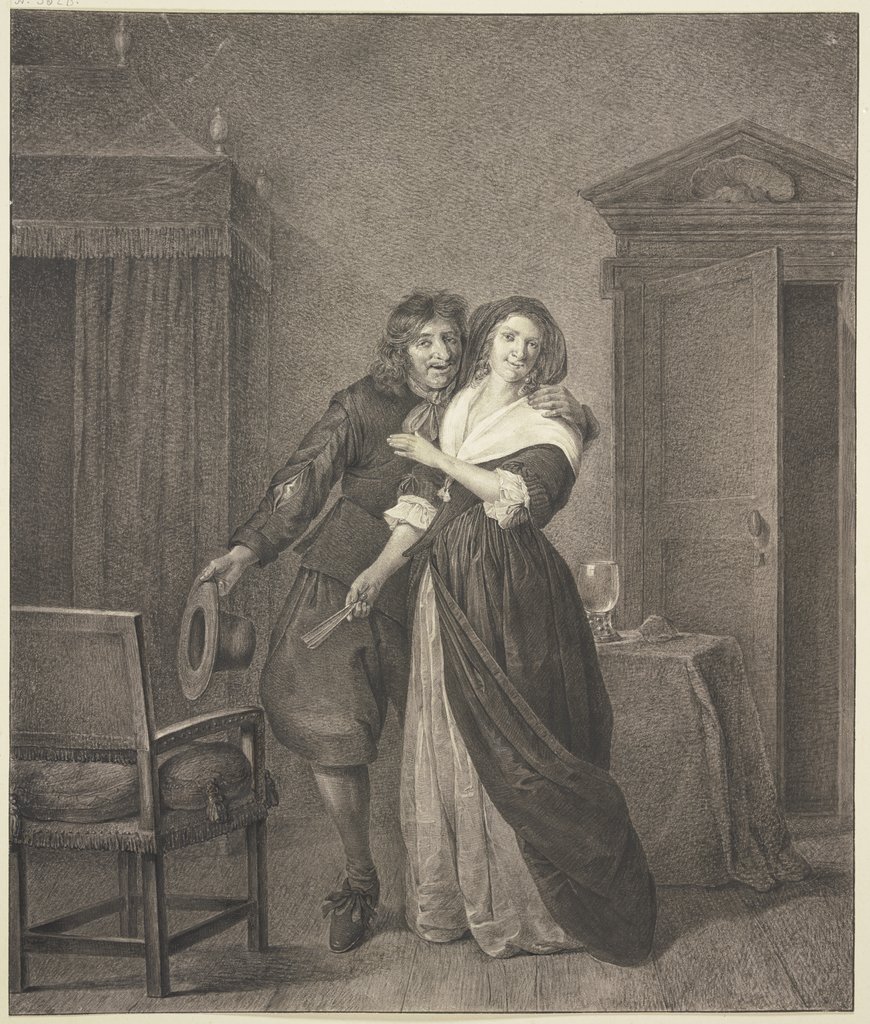 In einem Zimmer mit einem Betthimmel liebkost ein Mann eine junge Frau, Johannes Pieter de Frey