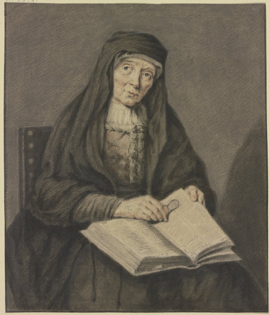 Sitzende alte Frau in einem Buch lesend, sie hält die Brille in der Hand, Kniestück, Johannes Pieter de Frey
