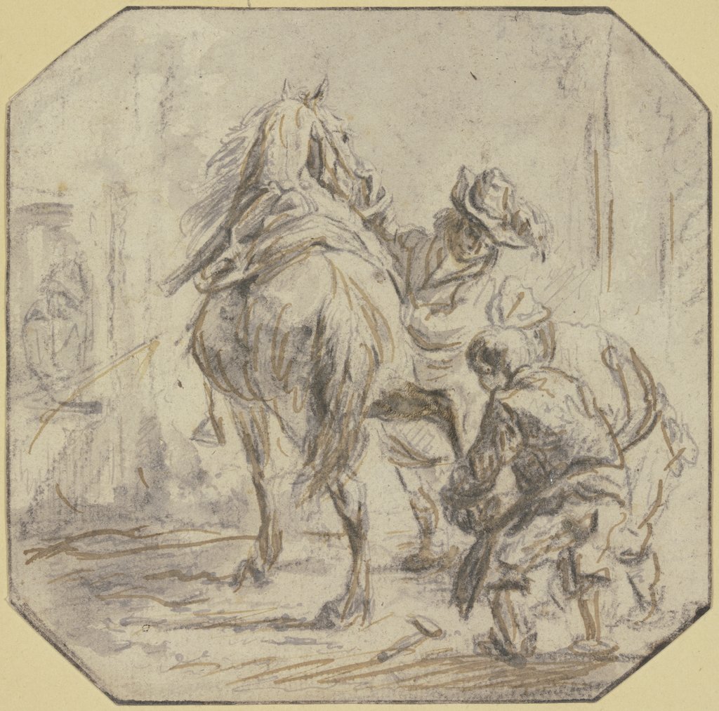 Ein Reiter läßt sein Pferd beschlagen, Bernaert Gaal;   zugeschrieben