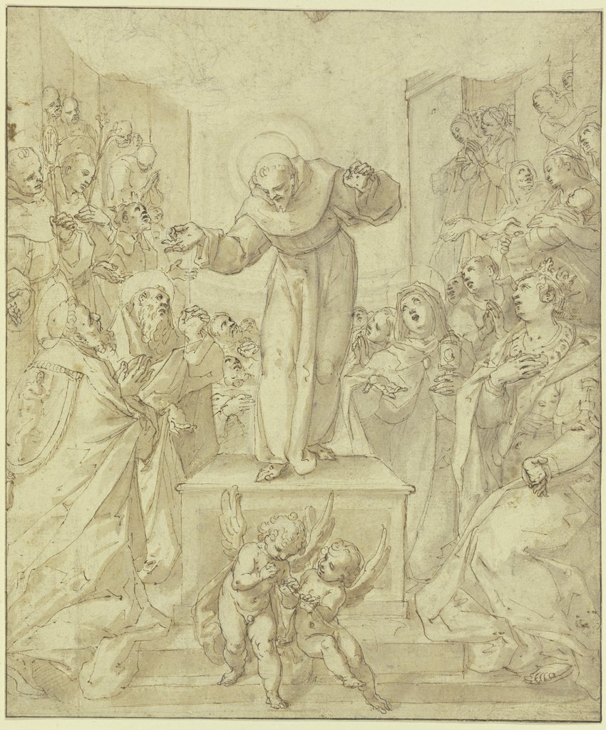 Der Heilige Franziskus zeigt die Wundmale vor einer Versammlung von Heiligen, Annibale Carracci;   ?
